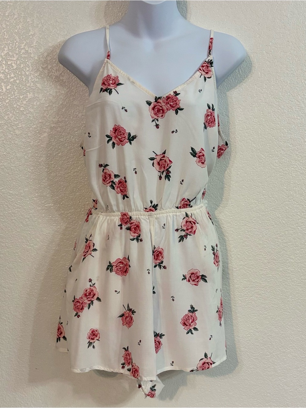 H&M White Mini Romper with Pink Rose Print